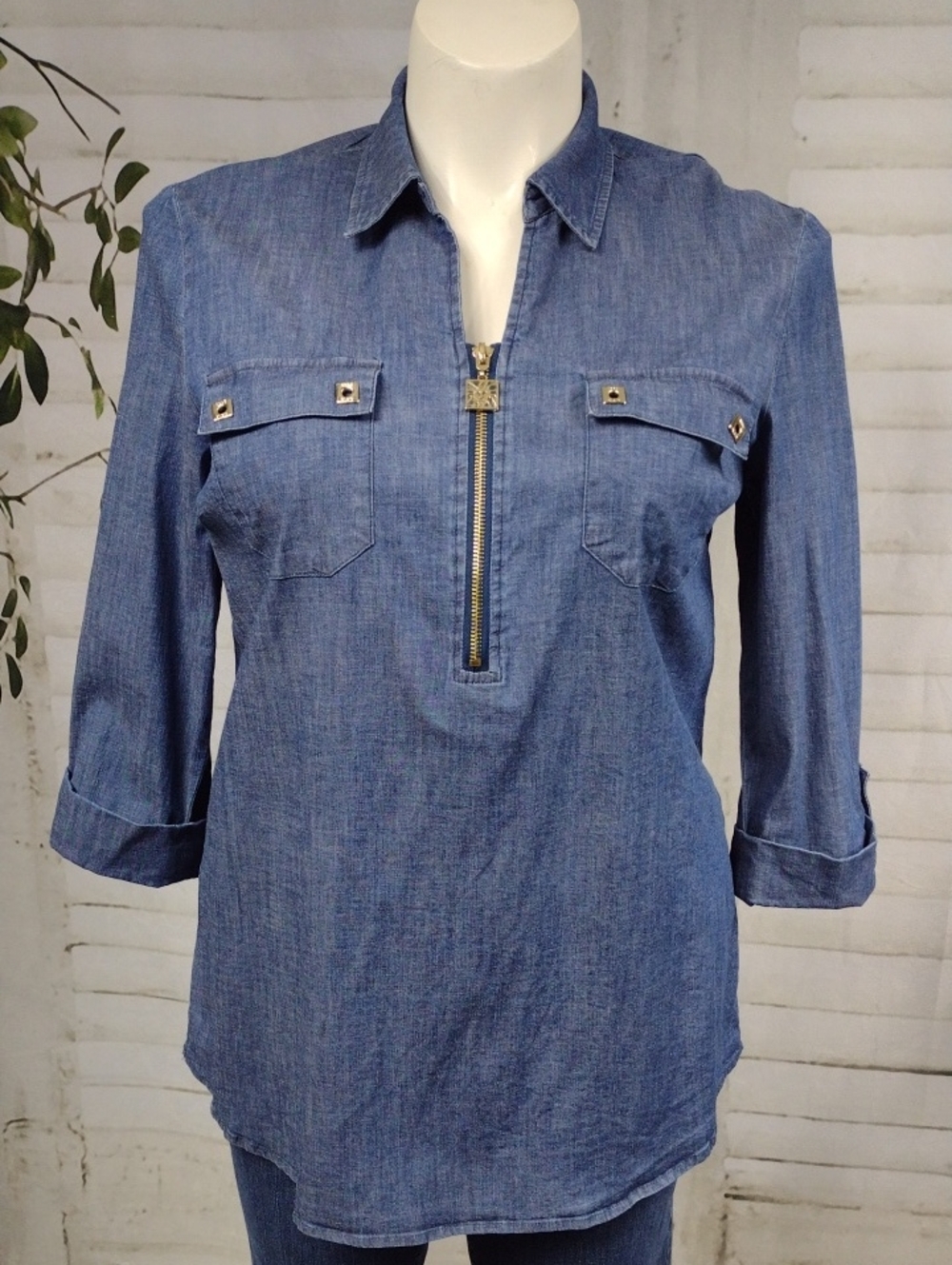 Anne Klein Blue Chambray Zip-Front Tunic